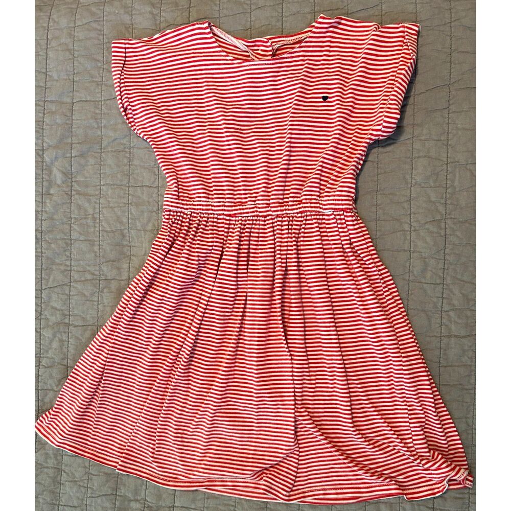Carter's Red & White Striped Dress Embroidered Heart Keyhole Button Back Size 8